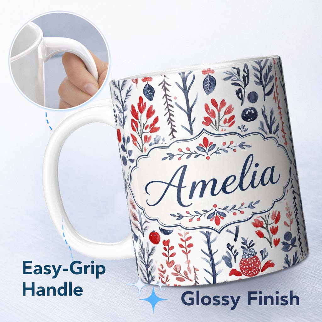 Personalized Custom Name Scandinavian Botanical Red Blue Leaves Seamless Pattern Name Cute 11oz Ceramic Coffee Tea Mug White Large Handle