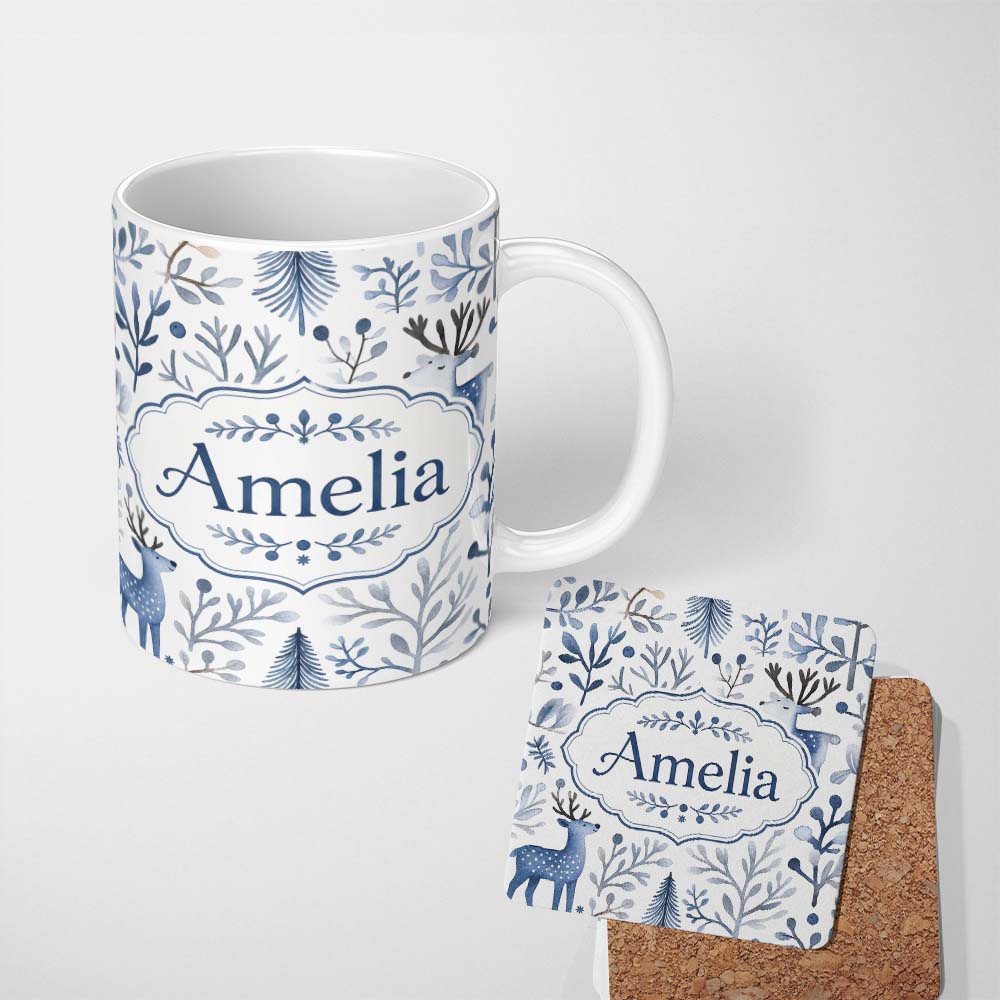 Personalized Custom Name Minimal Winter Deer Forest Seamless Pattern Name Cute Unique Gift 11oz Ceramic Coffee Tea Mug White Large Handle