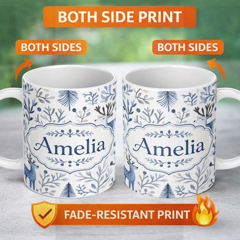 Personalized Custom Name Minimal Winter Deer Forest Seamless Pattern Name Cute Unique Gift 11oz Ceramic Coffee Tea Mug White Large Handle