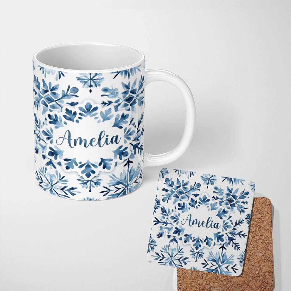 Personalized Custom Name Blue Watercolor Snowflake Botanical Seamless Pattern Name Cute 11oz Ceramic Coffee Tea Mug White Large Handle