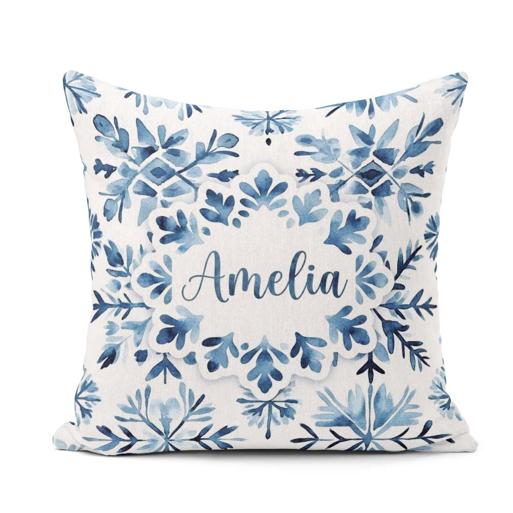 Custom Name Blue Watercolor Snowflake Seamless Pattern Name Cute Square Filled Cushion Throw Pillow Sofa Bed Home Decor Zip Washable UK Made