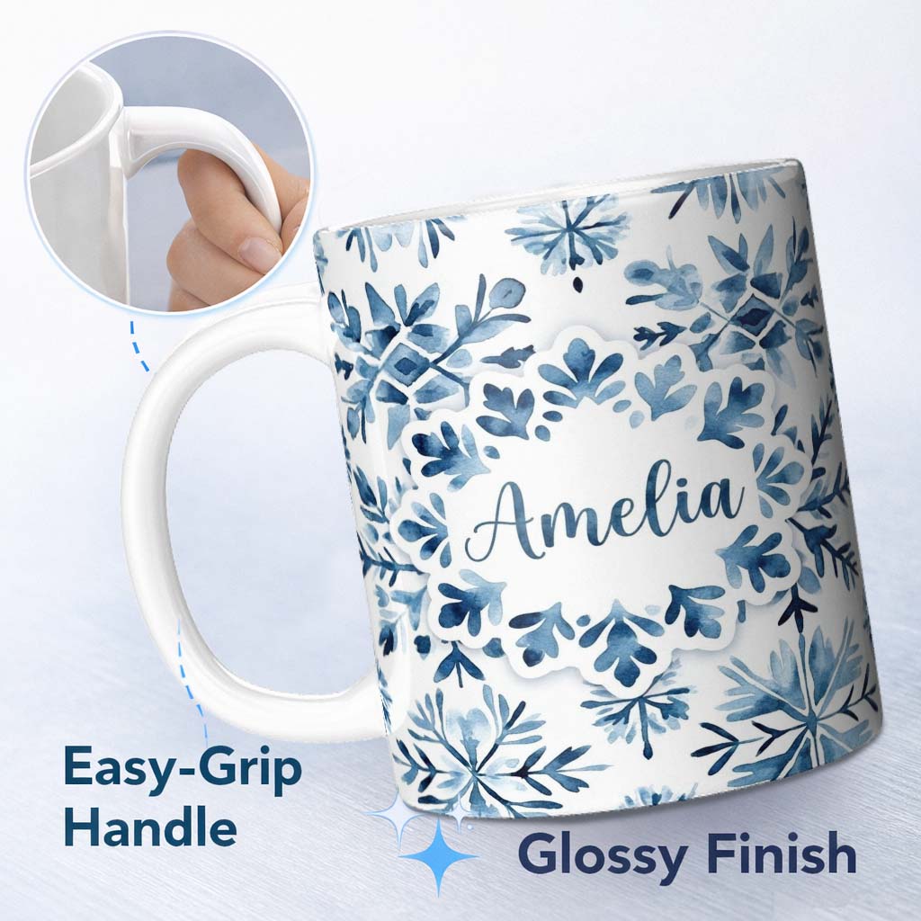 Personalized Custom Name Blue Watercolor Snowflake Botanical Seamless Pattern Name Cute 11oz Ceramic Coffee Tea Mug White Large Handle