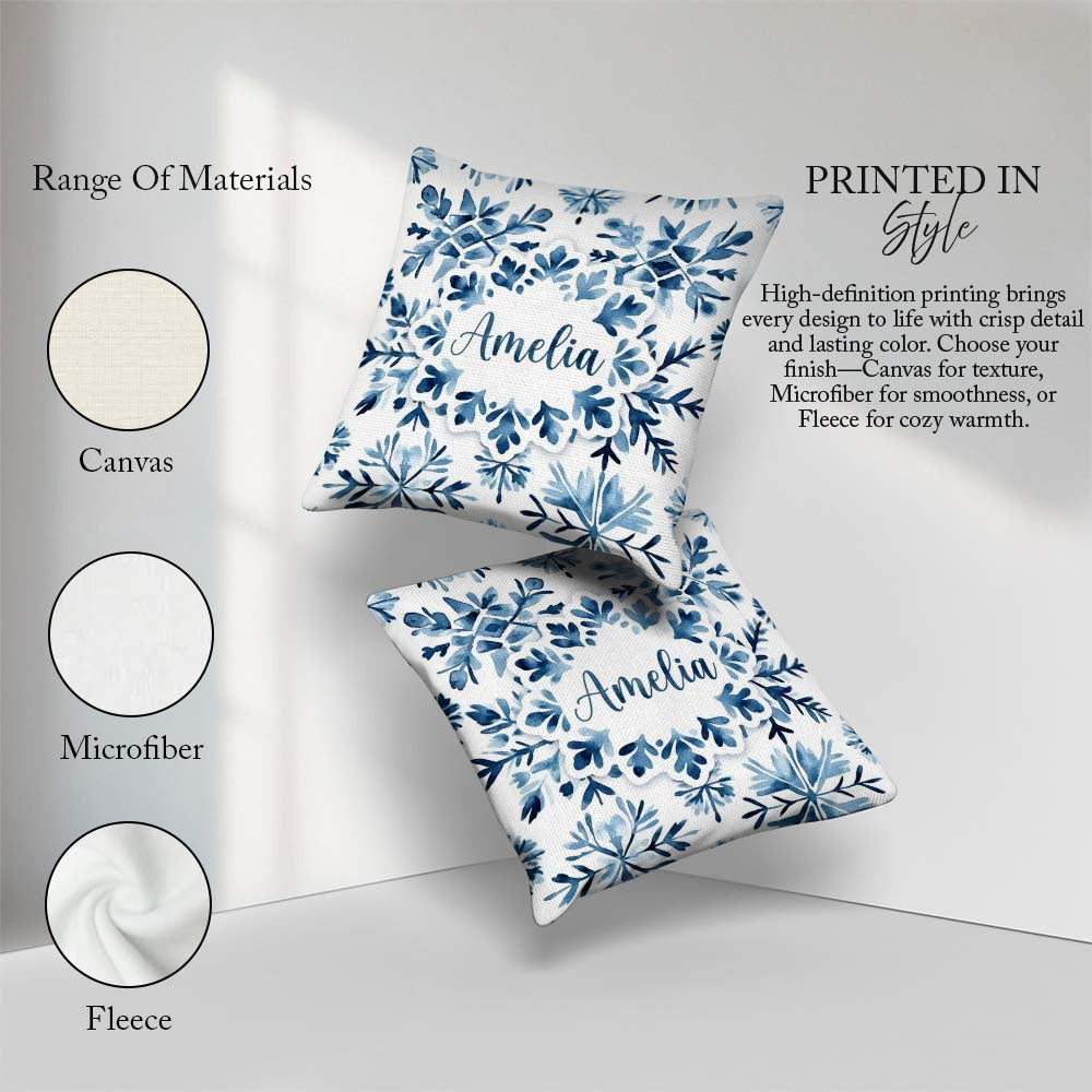 Custom Name Blue Watercolor Snowflake Seamless Pattern Name Cute Square Filled Cushion Throw Pillow Sofa Bed Home Decor Zip Washable UK Made