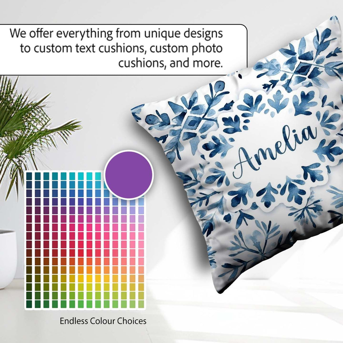 Custom Name Blue Watercolor Snowflake Seamless Pattern Name Cute Square Filled Cushion Throw Pillow Sofa Bed Home Decor Zip Washable UK Made