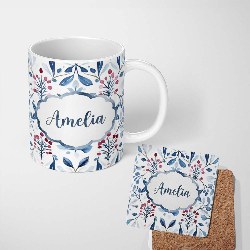 Personalized Custom Name Soft Blue Red Berry Botanical Seamless Pattern Name Cute Unique Gift 11oz Ceramic Coffee Tea Mug White Large Handle