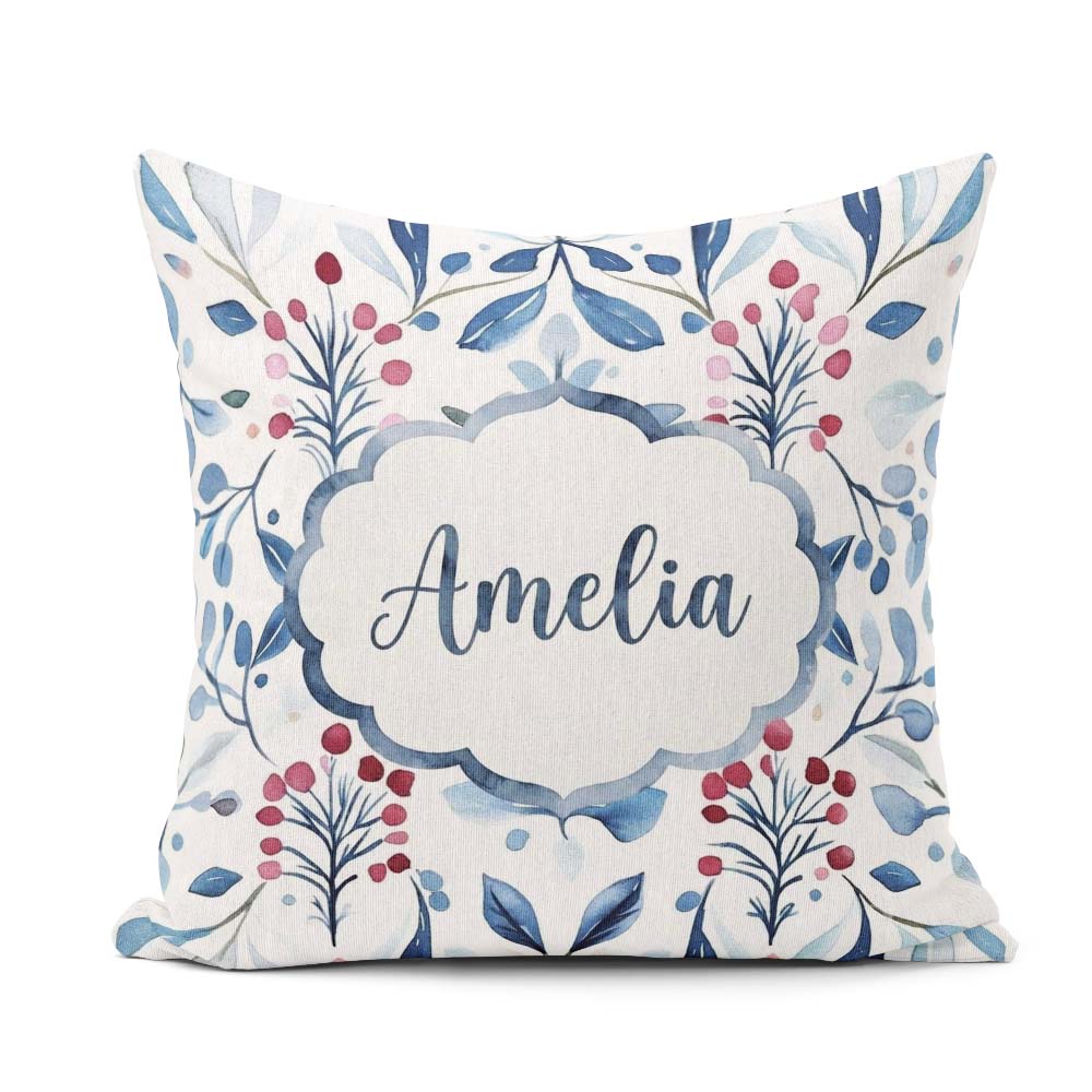 Custom Name Soft Blue Red Berry Botanical Seamless Pattern Name Square Filled Cushion Throw Pillow Sofa Bed Home Decor Zip Washable UK Made