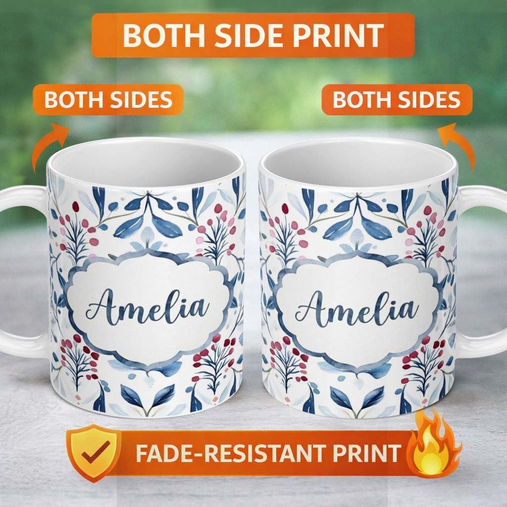 Personalized Custom Name Soft Blue Red Berry Botanical Seamless Pattern Name Cute Unique Gift 11oz Ceramic Coffee Tea Mug White Large Handle