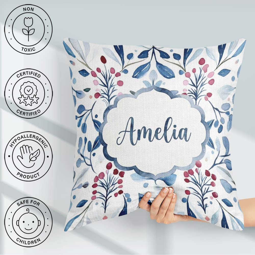 Custom Name Soft Blue Red Berry Botanical Seamless Pattern Name Square Filled Cushion Throw Pillow Sofa Bed Home Decor Zip Washable UK Made