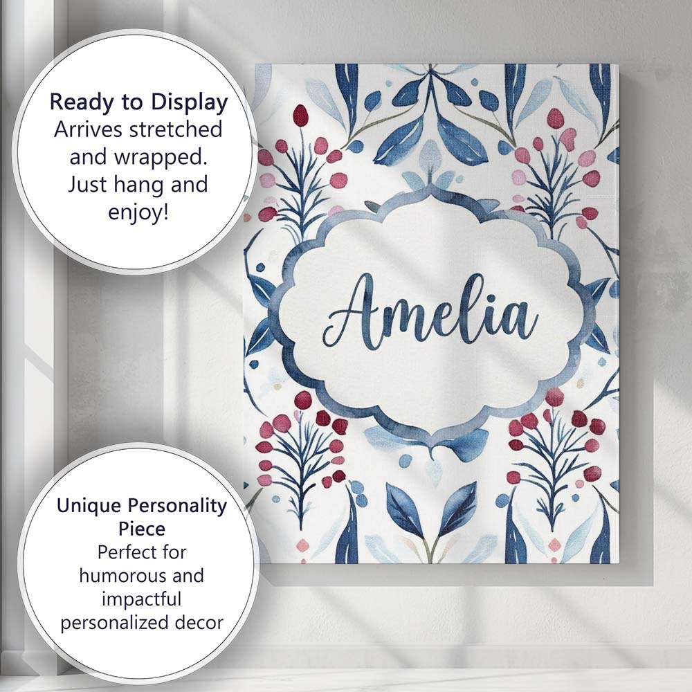 Personalised Name Soft Blue Red Berry Custom Modern Room Accent Creative Decorator Style Canvas Wall Art Print Decor Picture Ready to Hang