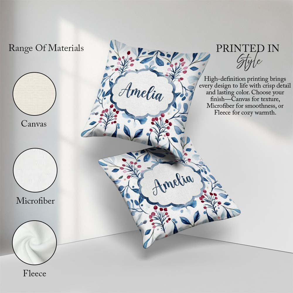 Custom Name Soft Blue Red Berry Botanical Seamless Pattern Name Square Filled Cushion Throw Pillow Sofa Bed Home Decor Zip Washable UK Made