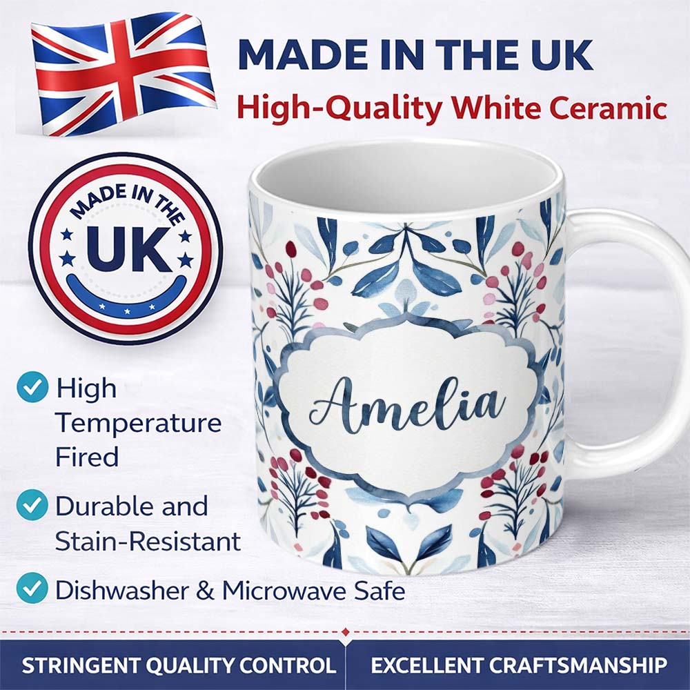 Personalized Custom Name Soft Blue Red Berry Botanical Seamless Pattern Name Cute Unique Gift 11oz Ceramic Coffee Tea Mug White Large Handle