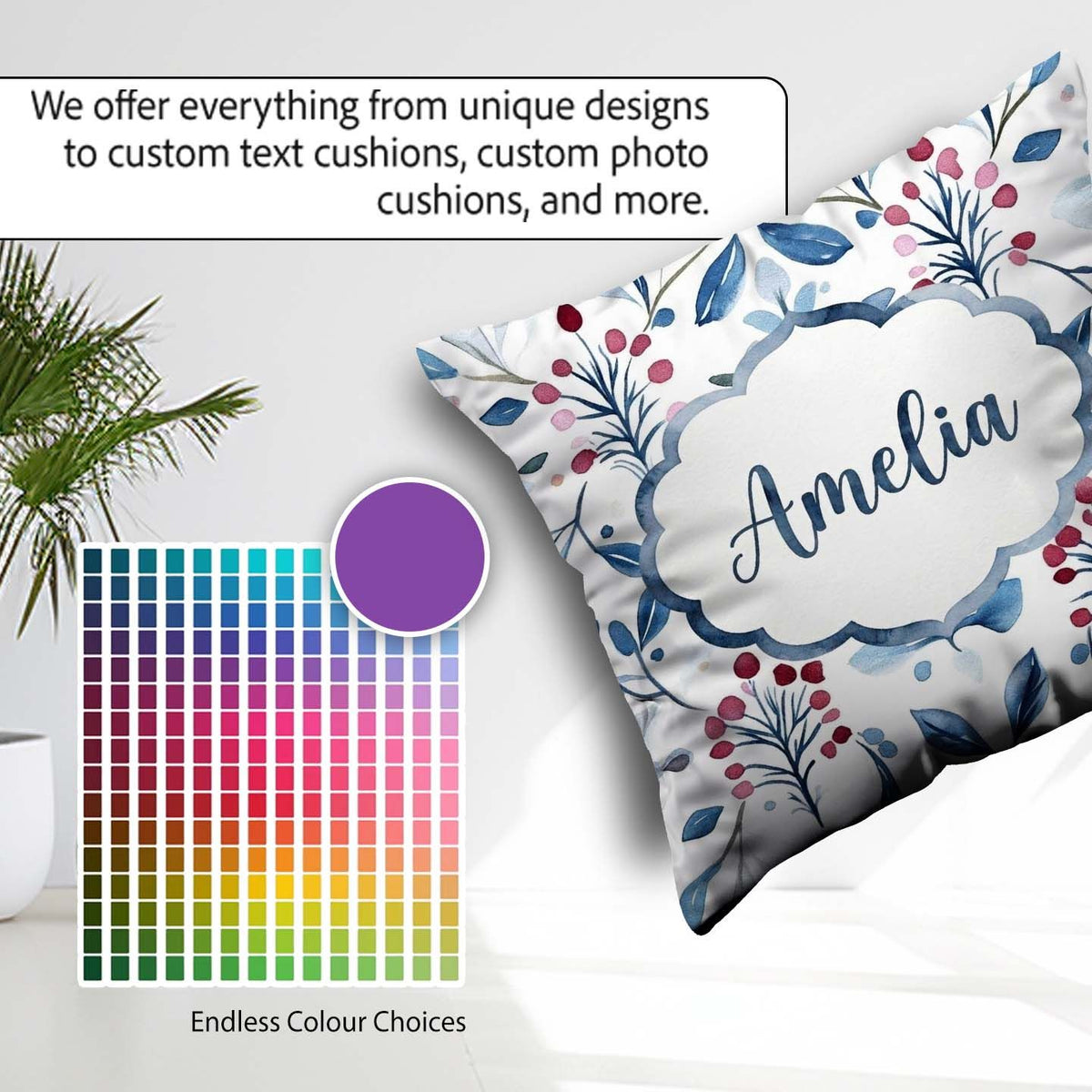 Custom Name Soft Blue Red Berry Botanical Seamless Pattern Name Square Filled Cushion Throw Pillow Sofa Bed Home Decor Zip Washable UK Made