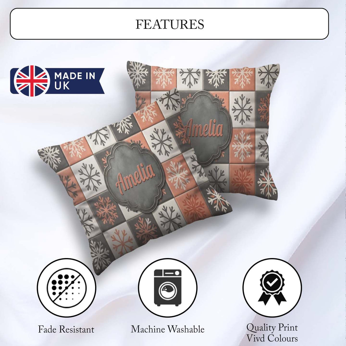 Custom Name Folk Tile Snowflake Grid Seamless Pattern Name Cute Square Filled Cushion Throw Pillow Sofa Bed Home Decor Zip Washable UK Made