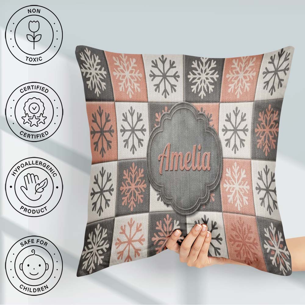 Custom Name Folk Tile Snowflake Grid Seamless Pattern Name Cute Square Filled Cushion Throw Pillow Sofa Bed Home Decor Zip Washable UK Made