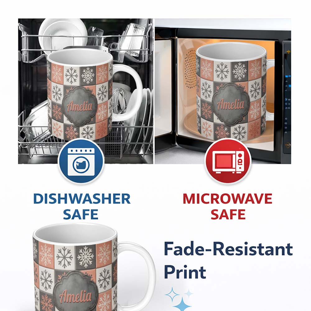 Personalized Custom Name Rustic Folk Tile Snowflake Grid Seamless Pattern Name Cute Unique 11oz Ceramic Coffee Tea Mug White Large Handle