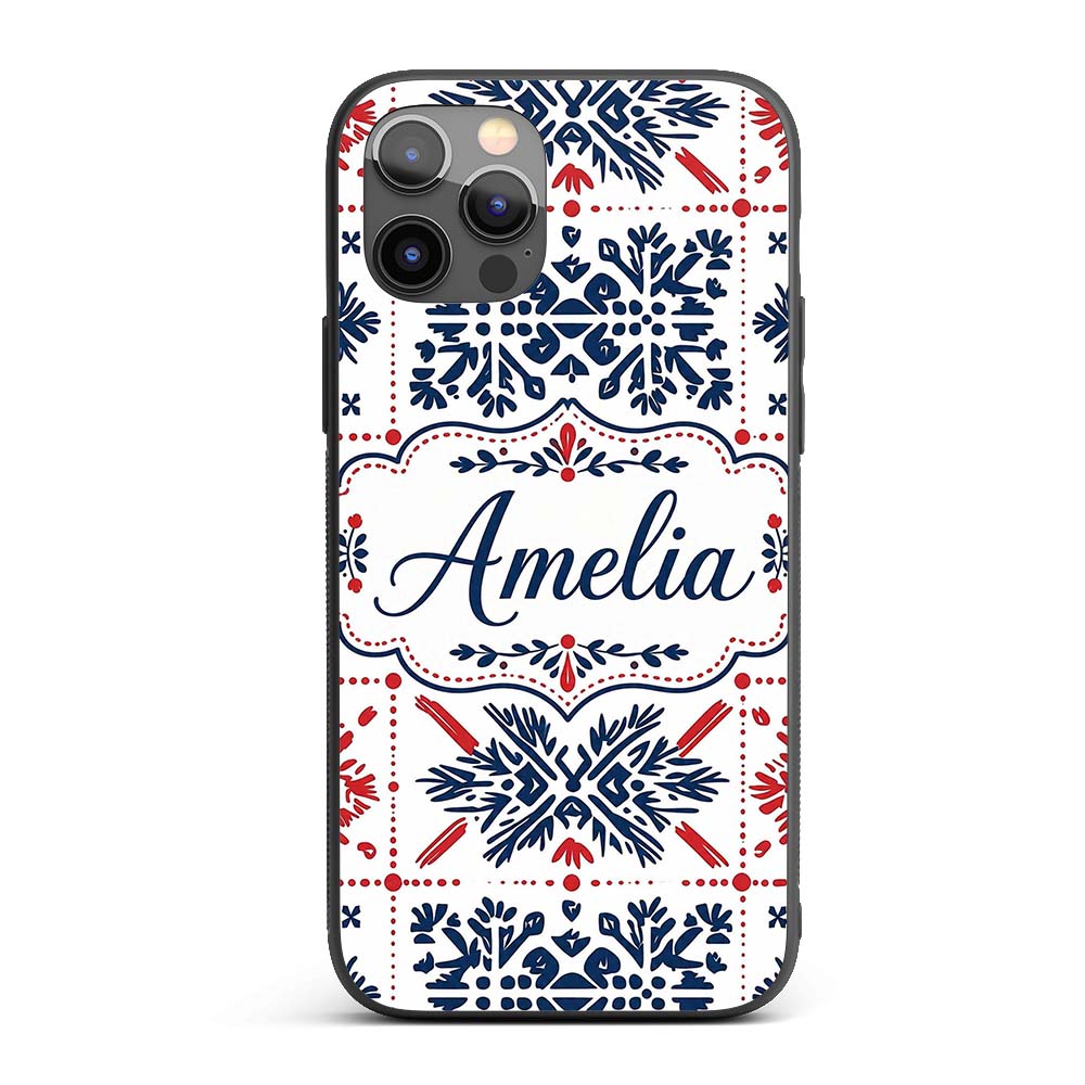Scandinavian Folk Art Blue Red Symmetry Seamless Custom Name Protective Phone Case Mobile Cover Durable Everyday Smartphone Shock Resistant
