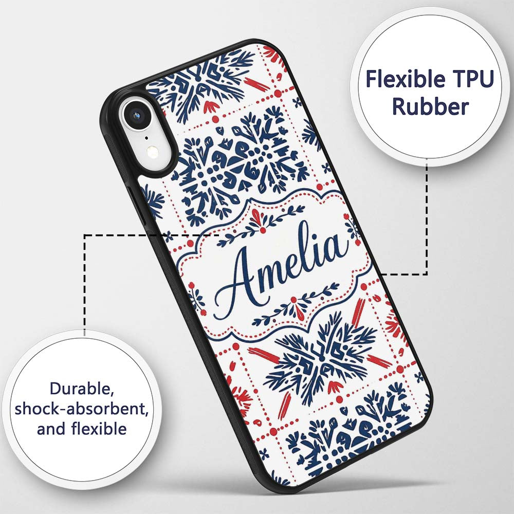 Scandinavian Folk Art Blue Red Symmetry Seamless Custom Name Protective Phone Case Mobile Cover Durable Everyday Smartphone Shock Resistant