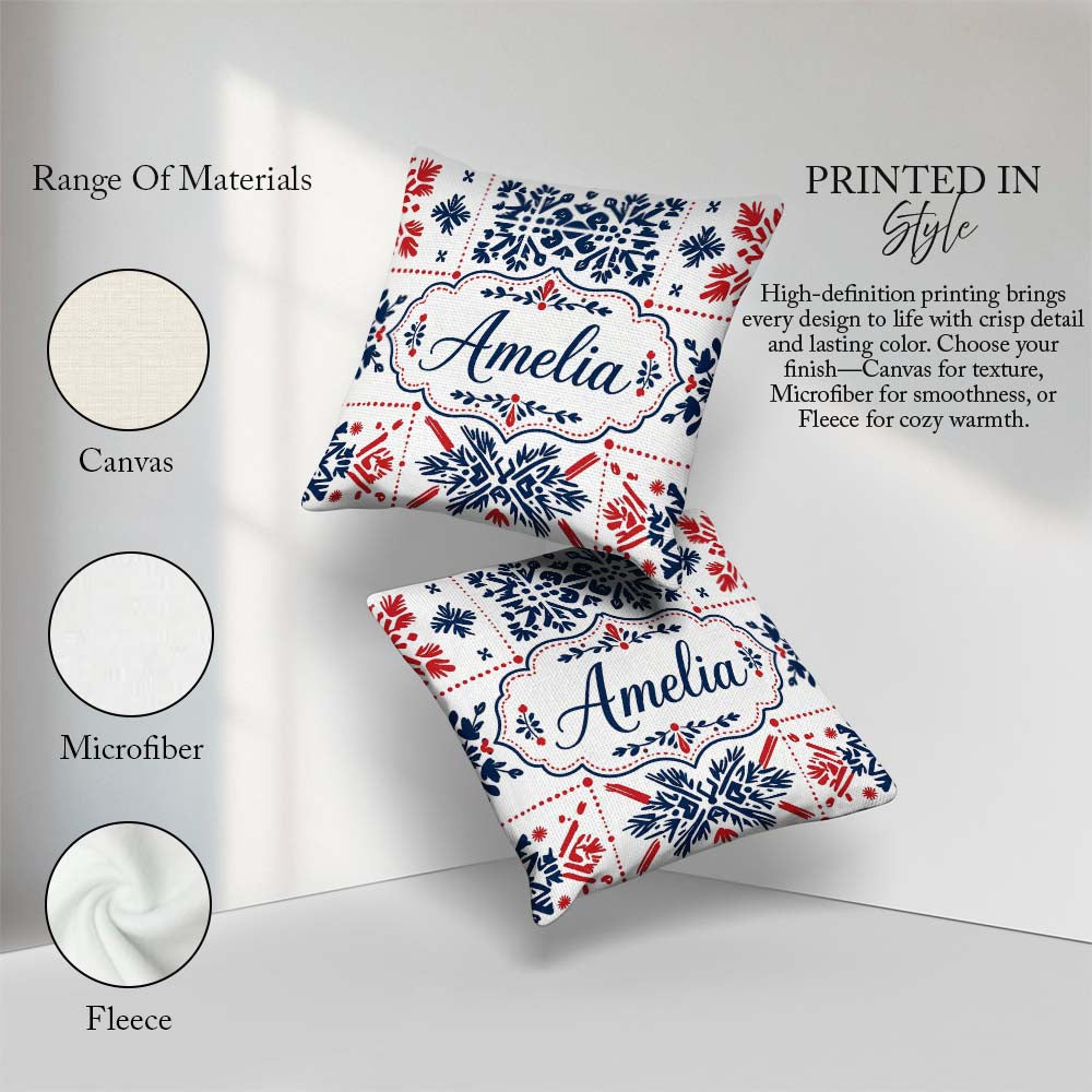 Custom Name Scandinavian Folk Art Blue Red Symmetry Pattern Name Square Filled Cushion Throw Pillow Sofa Bed Home Decor Zip Washable UK Made