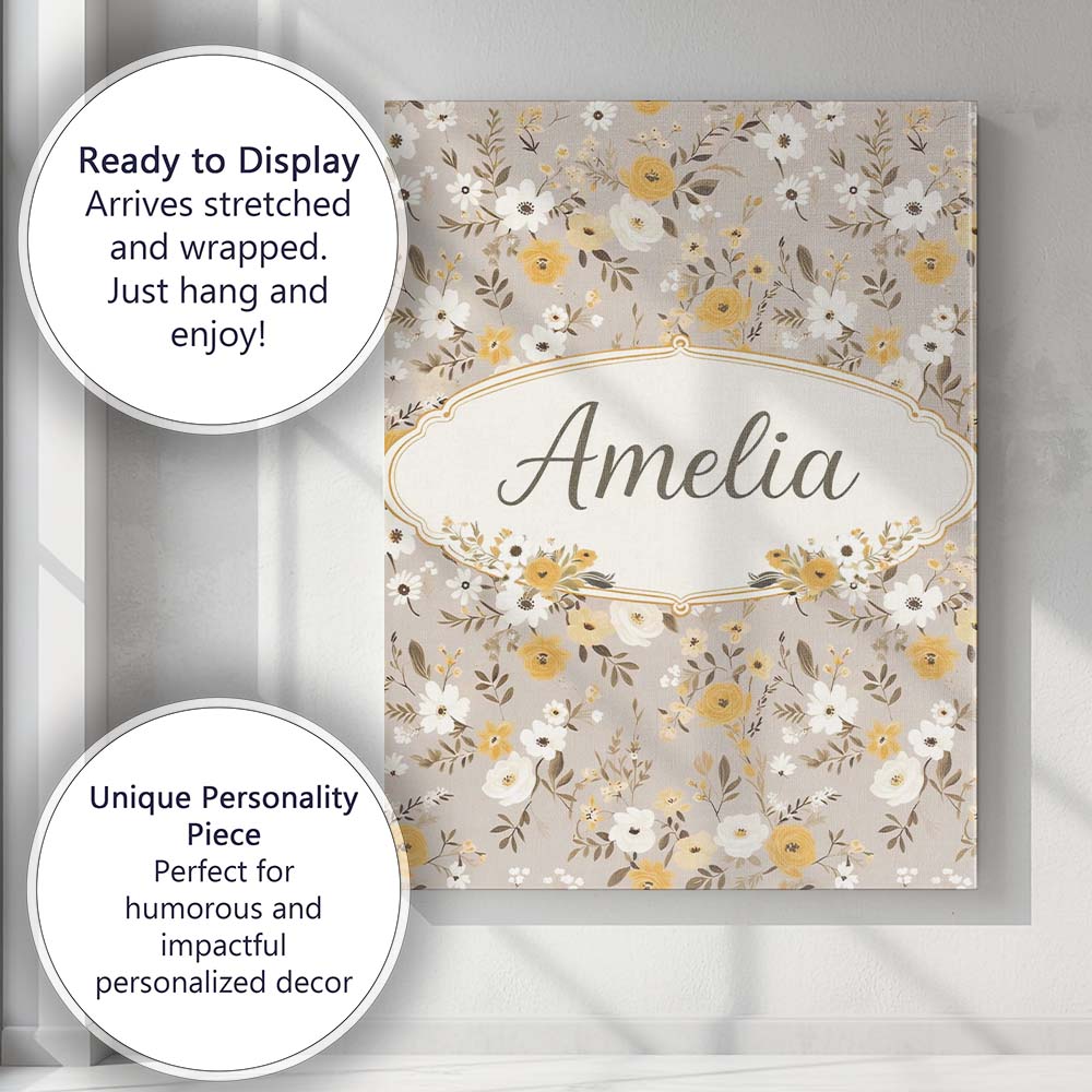 Personalised Name Yellow White Floral Meadow on Beige Seamless Custom Modern Room Accent Canvas Wall Art Print Decor Picture Ready to Hang