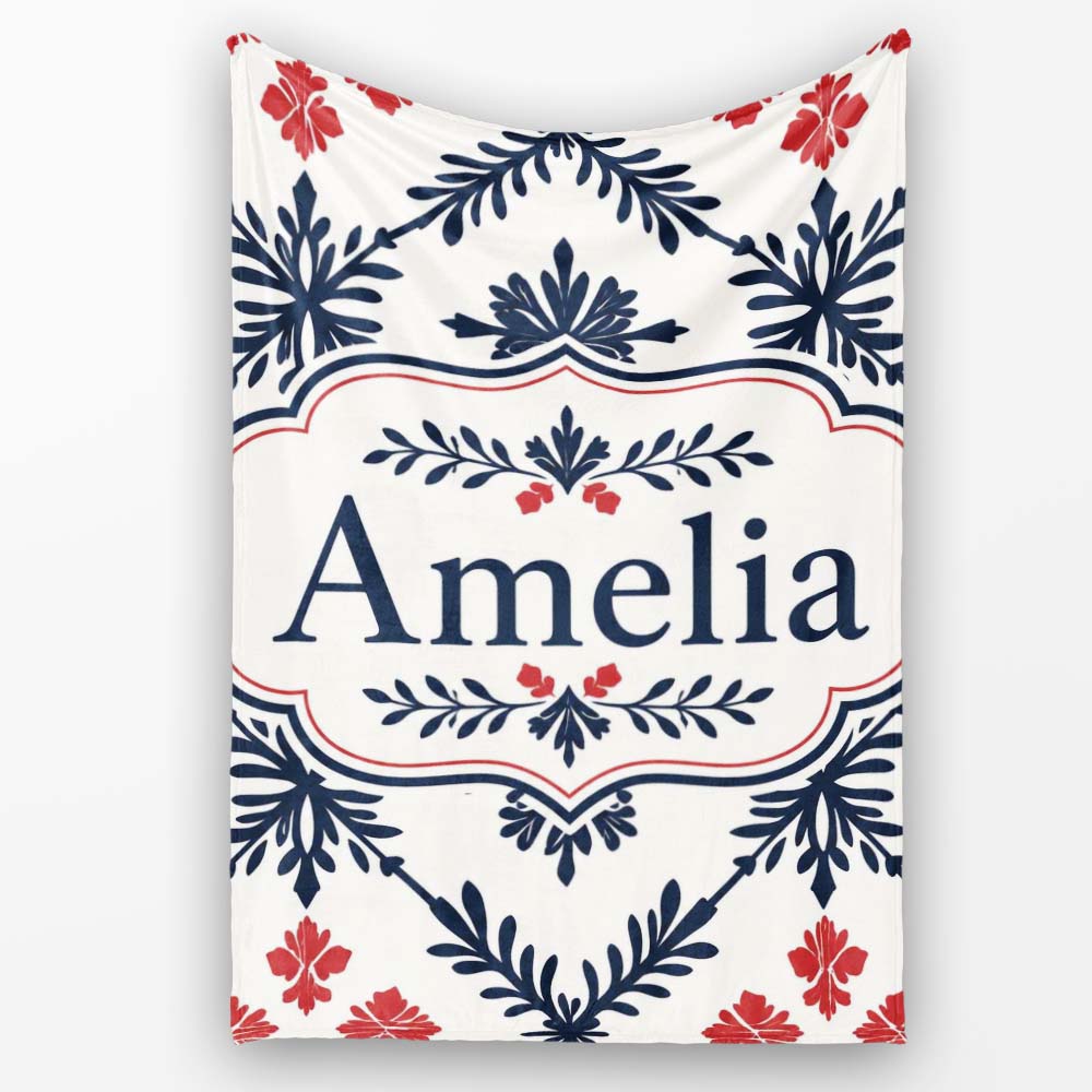 Nordic Folk Floral Grid Blue Red Seamless Pattern Name Cute Unique Personalised Custom Name Super Soft Fleece Blanket Bed Sofa Throw