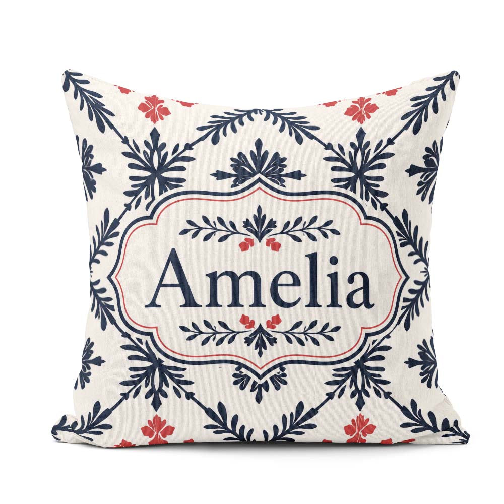 Custom Name Nordic Folk Grid Blue Red Seamless Pattern Name Cute Square Filled Cushion Throw Pillow Sofa Bed Home Decor Zip Washable UK Made