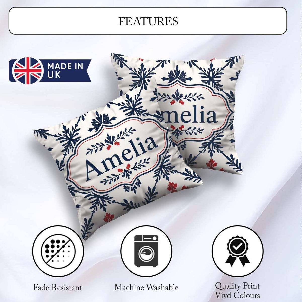 Custom Name Nordic Folk Grid Blue Red Seamless Pattern Name Cute Square Filled Cushion Throw Pillow Sofa Bed Home Decor Zip Washable UK Made