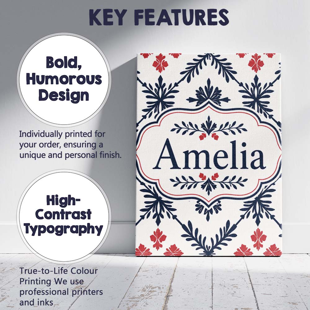 Personalised Name Nordic Folk Floral Grid Custom Unique Gift Idea Elegant Feature Canvas Wall Art Print Decor Picture Ready to Hang