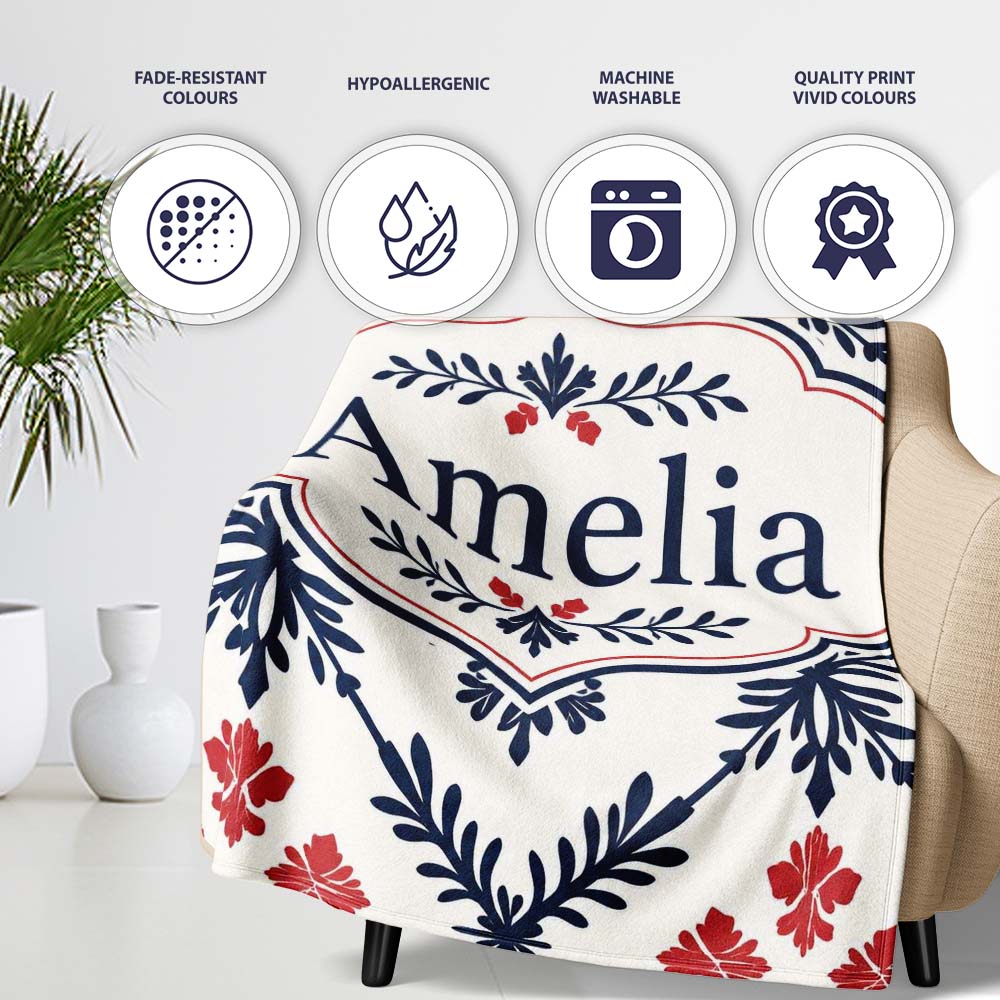 Nordic Folk Floral Grid Blue Red Seamless Pattern Name Cute Unique Personalised Custom Name Super Soft Fleece Blanket Bed Sofa Throw
