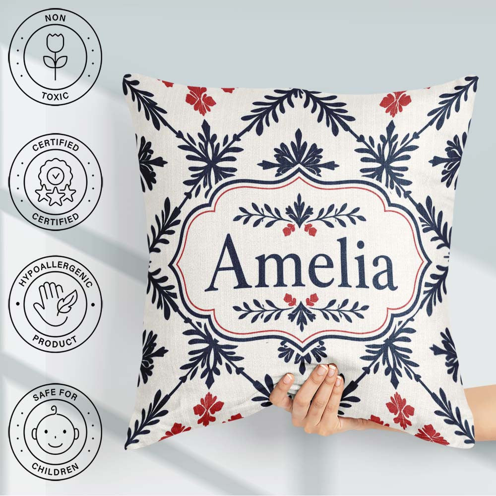Custom Name Nordic Folk Grid Blue Red Seamless Pattern Name Cute Square Filled Cushion Throw Pillow Sofa Bed Home Decor Zip Washable UK Made