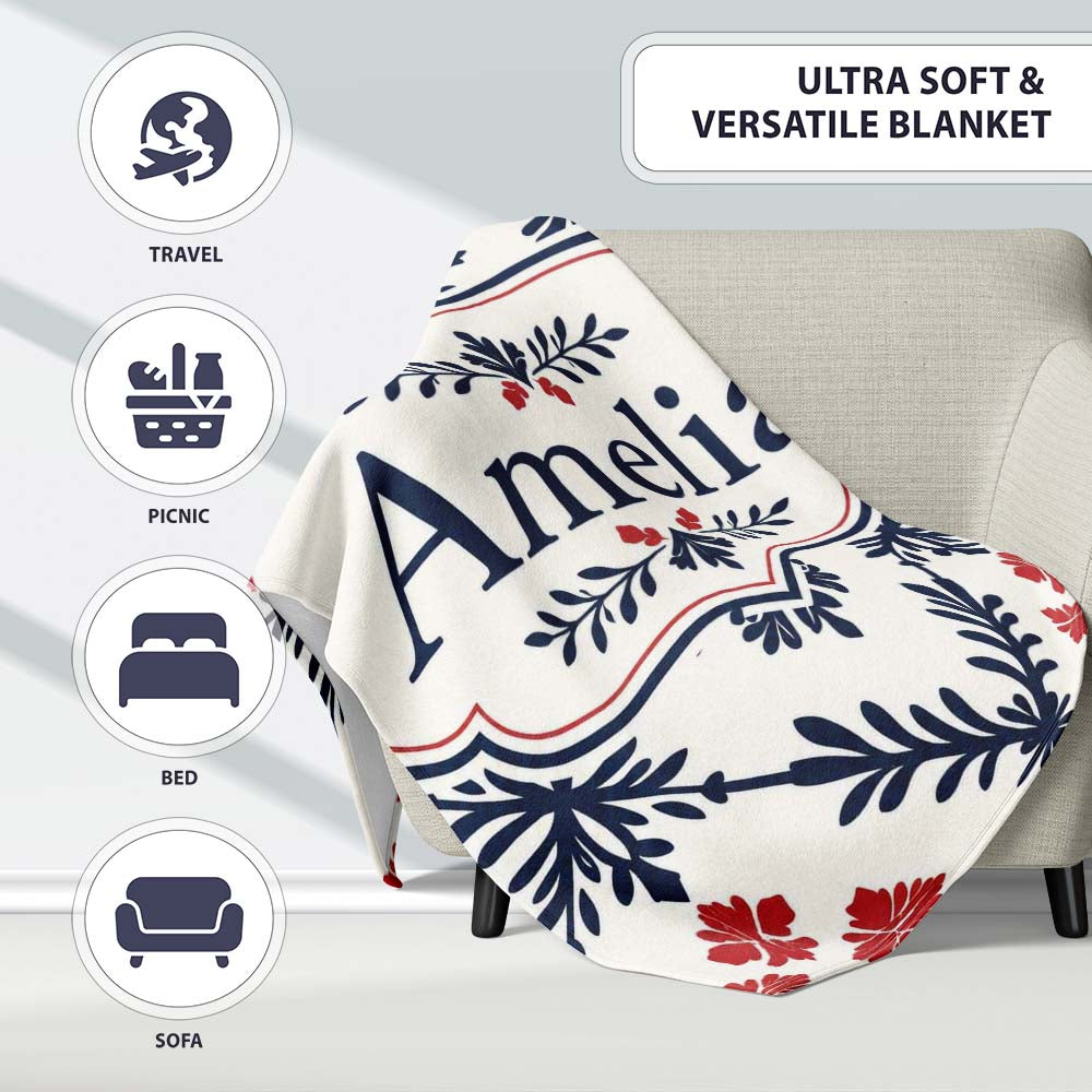 Nordic Folk Floral Grid Blue Red Seamless Pattern Name Cute Unique Personalised Custom Name Super Soft Fleece Blanket Bed Sofa Throw