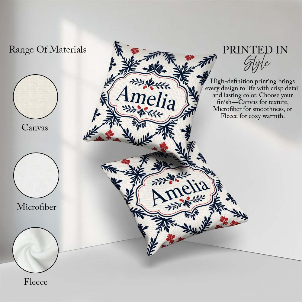 Custom Name Nordic Folk Grid Blue Red Seamless Pattern Name Cute Square Filled Cushion Throw Pillow Sofa Bed Home Decor Zip Washable UK Made