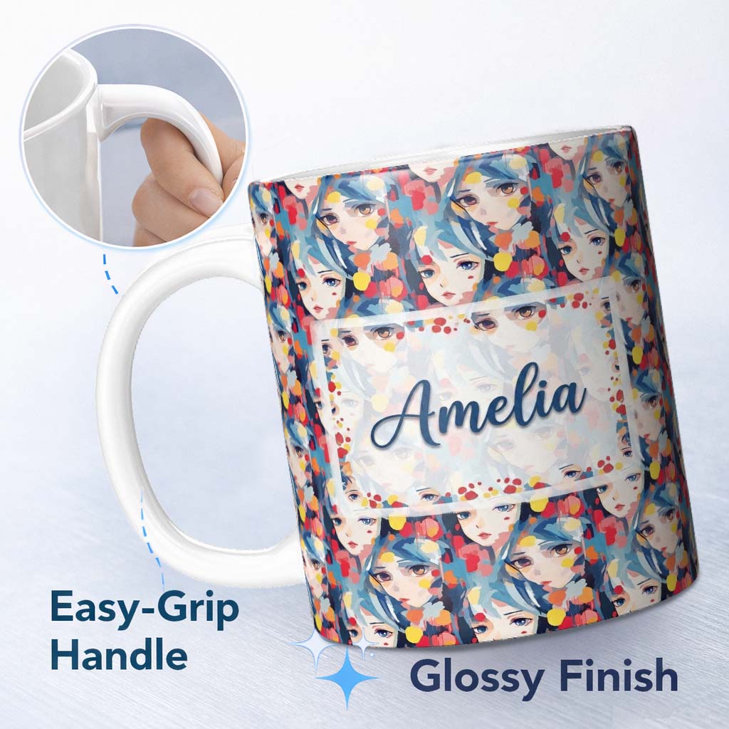 Personalized Custom Name Anime Girl Blue Hair Paint Splash Artistic Pattern Cute Unique Gift 11oz Ceramic Coffee Tea Mug White Large Handle