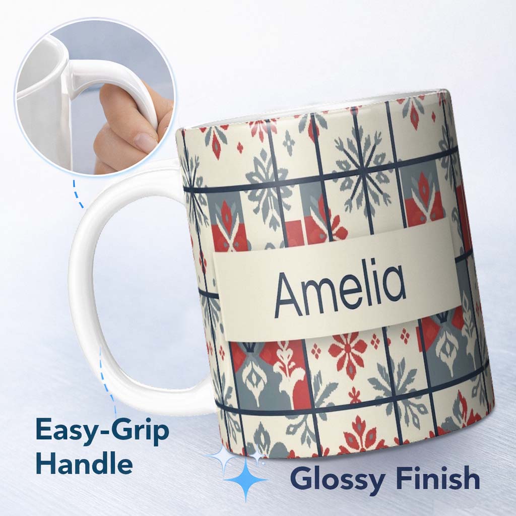Personalized Custom Name Minimal Folk Diamond Blue Red Seamless Pattern Name Cute Unique Gift 11oz Ceramic Coffee Tea Mug White Large Handle