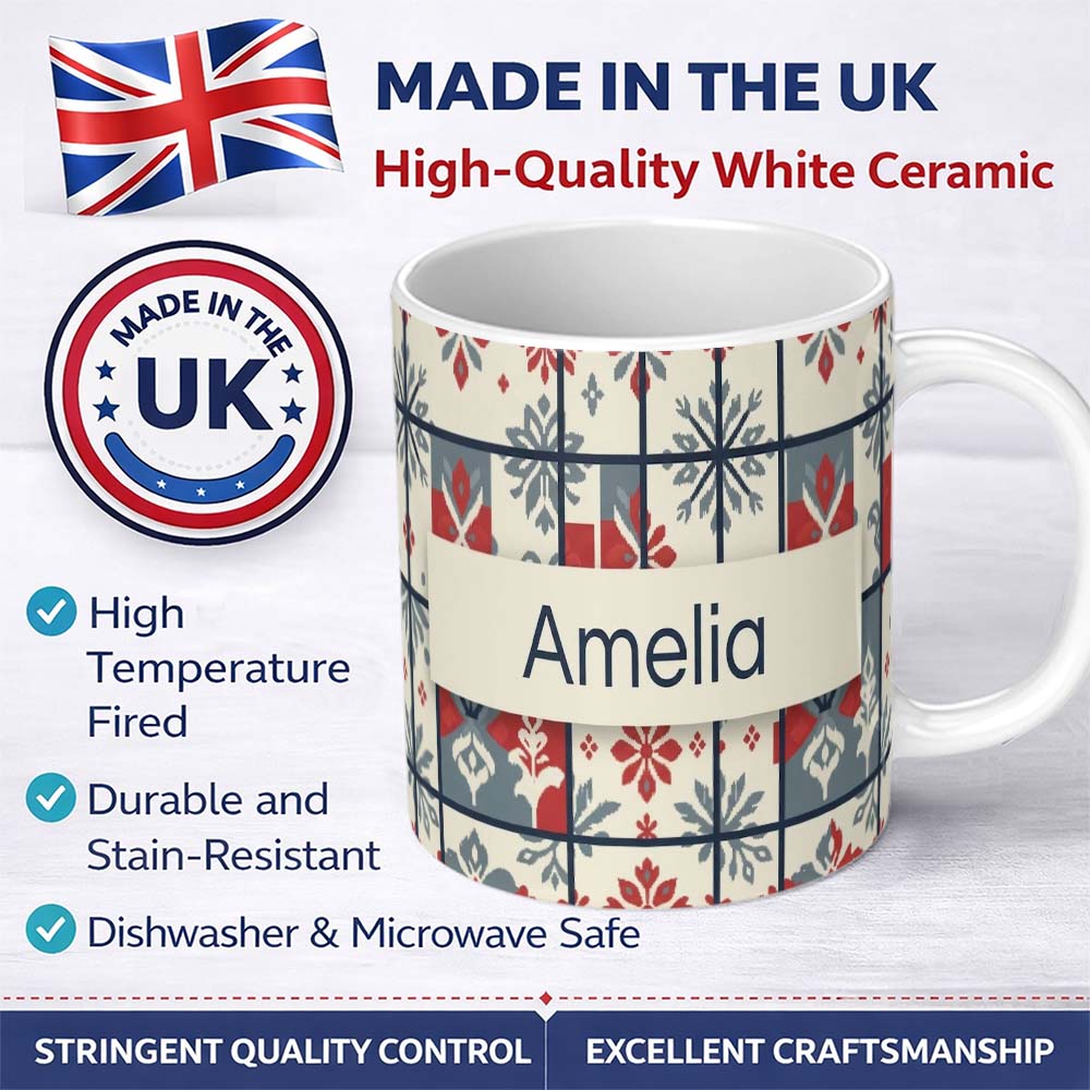 Personalized Custom Name Minimal Folk Diamond Blue Red Seamless Pattern Name Cute Unique Gift 11oz Ceramic Coffee Tea Mug White Large Handle