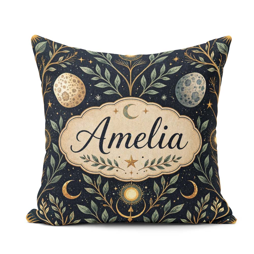 Custom Name Celestial Botanical Moon Phases Sacred Night Pattern Square Filled Cushion Throw Pillow Sofa Bed Home Decor Zip Washable UK Made