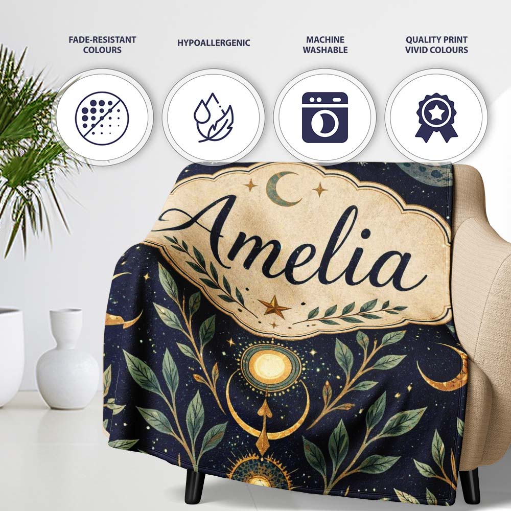 Celestial Botanical Moon Phases Sacred Night Seamless Pattern Lovely Personalised Custom Name Super Soft Fleece Blanket Bed Sofa Throw