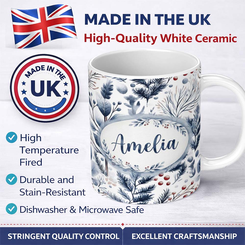 Personalized Custom Name Vintage Nordic Stripe Snowflake Seamless Pattern Name Cute Unique 11oz Ceramic Coffee Tea Mug White Large Handle