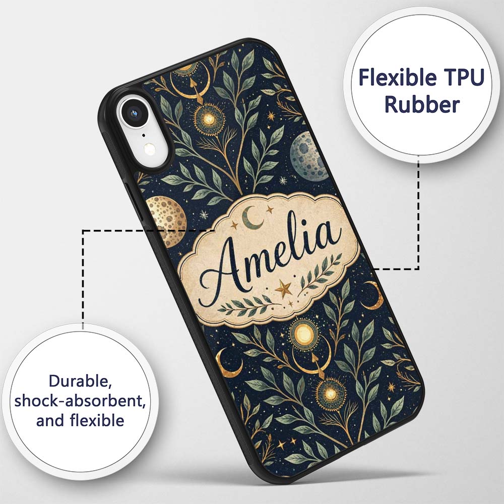 Celestial Botanical Moon Phases Sacred Night Custom Name Protective Phone Case Mobile Cover Durable Everyday Smartphone Shock Resistant
