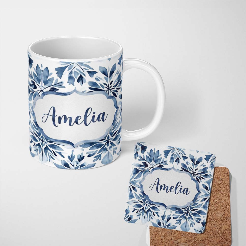 Personalized Custom Name Winter Botanical Branch Berry Seamless Pattern Name Cute Unique Gift 11oz Ceramic Coffee Tea Mug White Large Handle