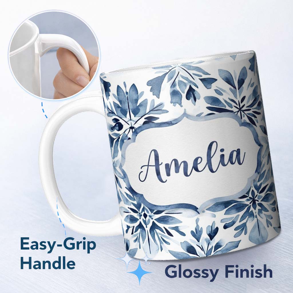 Personalized Custom Name Winter Botanical Branch Berry Seamless Pattern Name Cute Unique Gift 11oz Ceramic Coffee Tea Mug White Large Handle