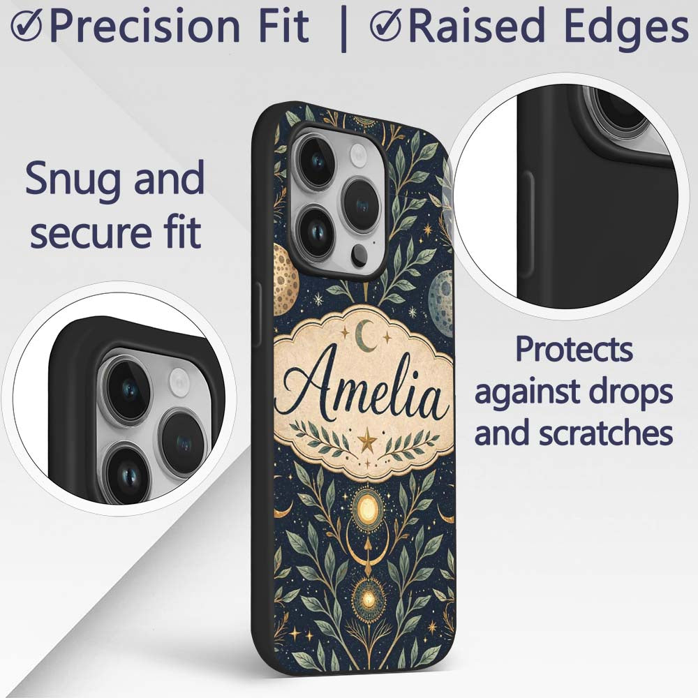Celestial Botanical Moon Phases Sacred Night Custom Name Protective Phone Case Mobile Cover Durable Everyday Smartphone Shock Resistant