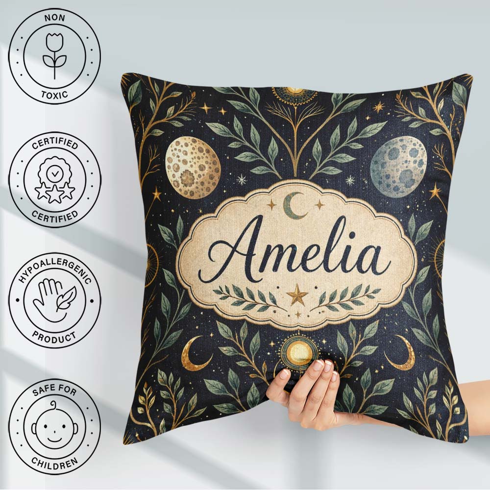 Custom Name Celestial Botanical Moon Phases Sacred Night Pattern Square Filled Cushion Throw Pillow Sofa Bed Home Decor Zip Washable UK Made