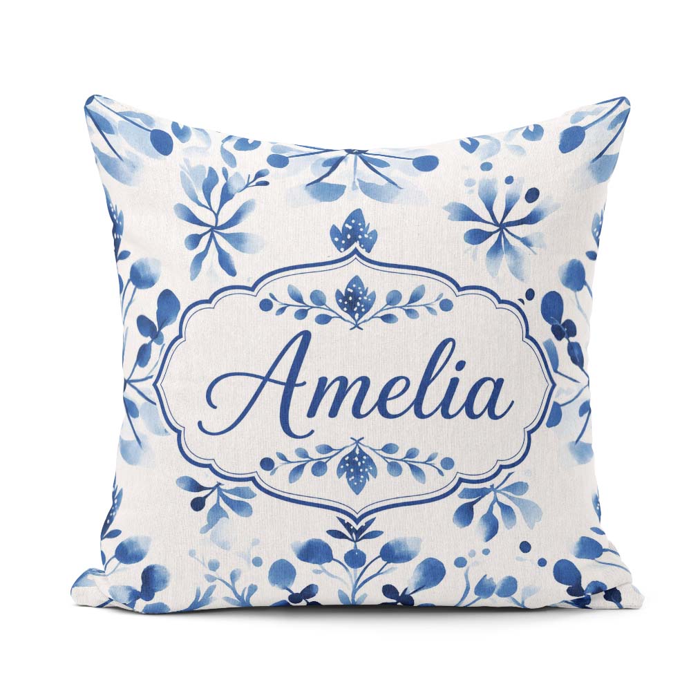 Custom Name Blue Watercolor Snowflake Botanical Seamless Pattern Square Filled Cushion Throw Pillow Sofa Bed Home Decor Zip Washable UK Made