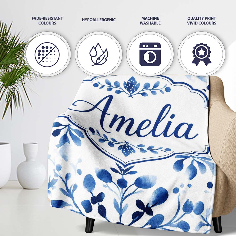 Blue Watercolor Floral Snowflake Botanical Seamless Pattern Name Personalised Custom Name Super Soft Fleece Blanket Bed Sofa Throw