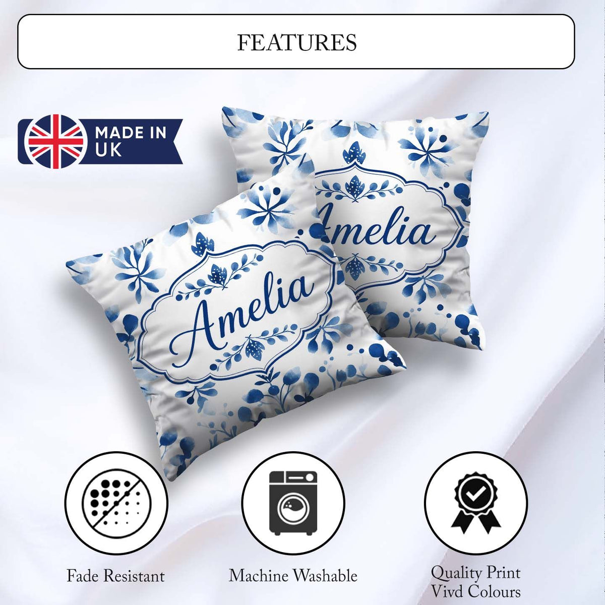 Custom Name Blue Watercolor Snowflake Botanical Seamless Pattern Square Filled Cushion Throw Pillow Sofa Bed Home Decor Zip Washable UK Made