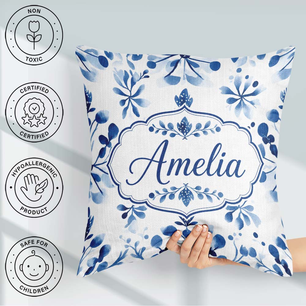 Custom Name Blue Watercolor Snowflake Botanical Seamless Pattern Square Filled Cushion Throw Pillow Sofa Bed Home Decor Zip Washable UK Made