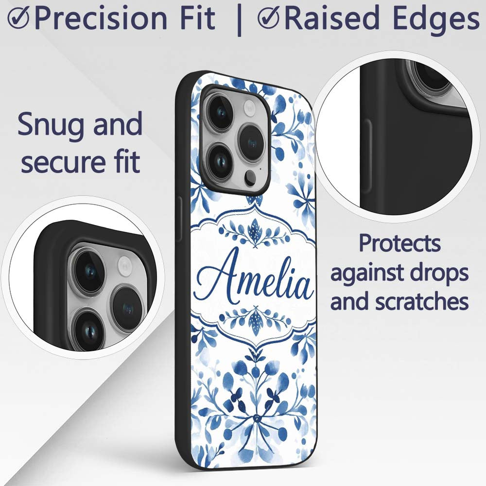 Blue Watercolor Floral Snowflake Printed Design Custom Name Protective Phone Case Mobile Cover Durable Everyday Smartphone Shock Resistant
