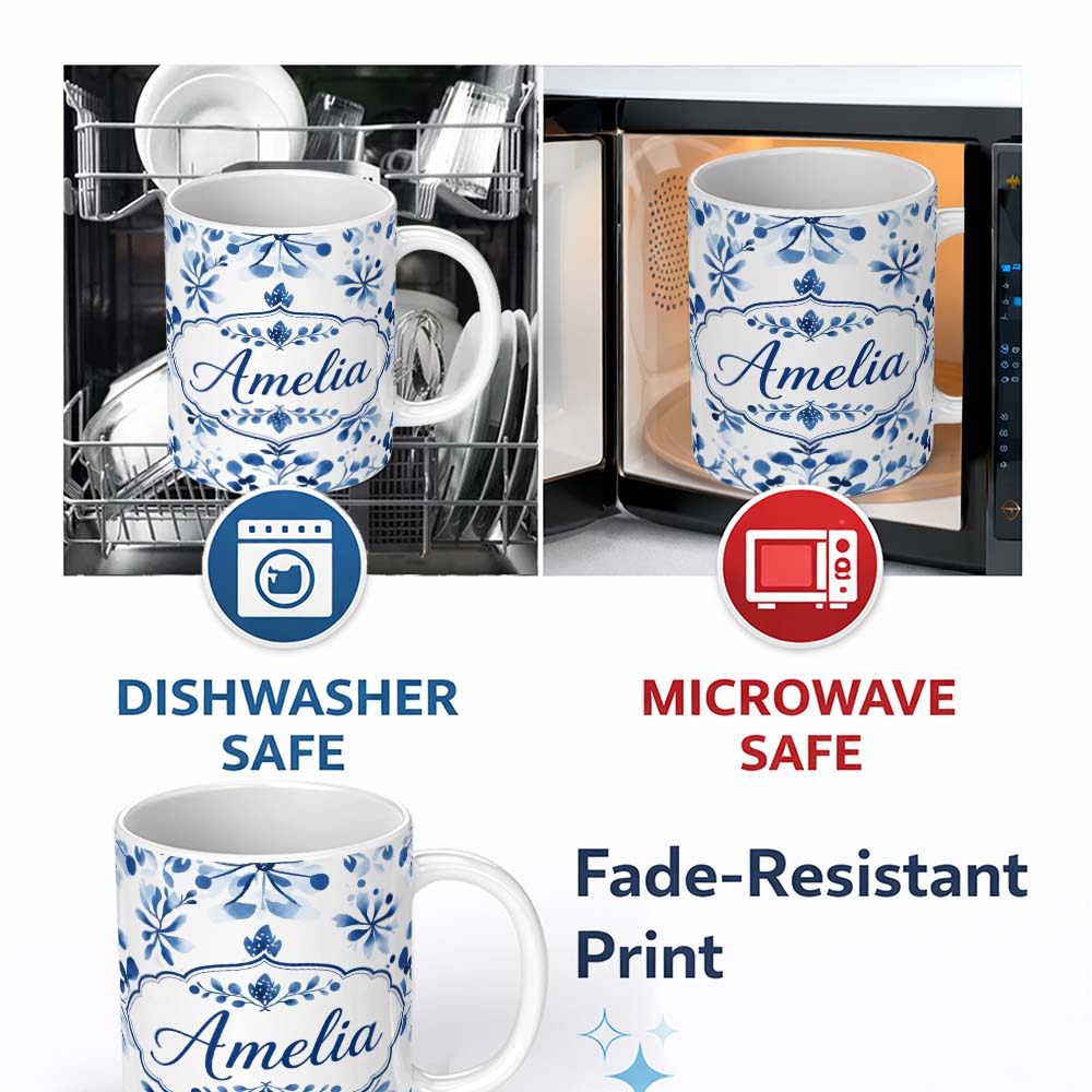 Personalized Custom Name Blue Watercolor Floral Snowflake Botanical Seamless Pattern Name 11oz Ceramic Coffee Tea Mug White Large Handle