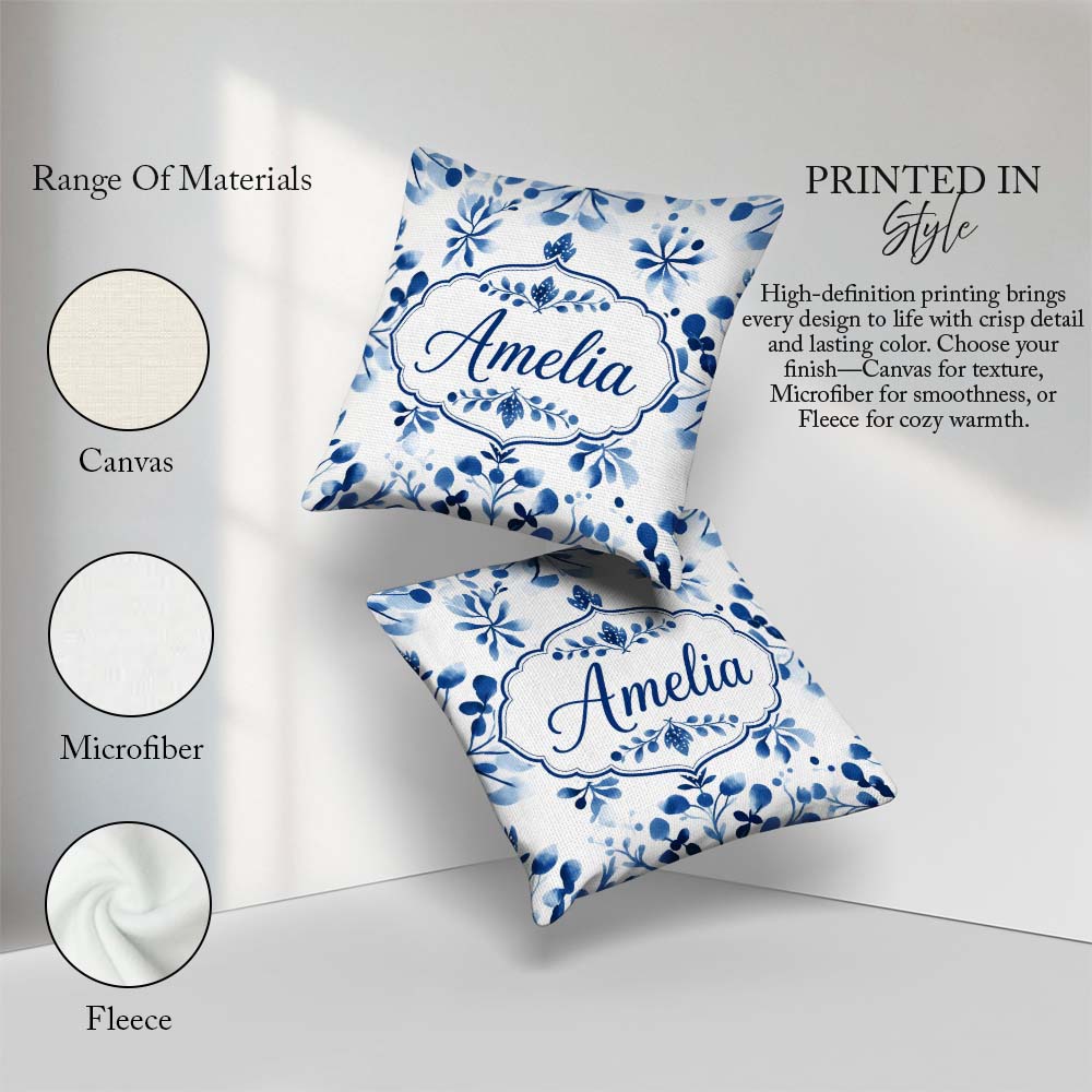 Custom Name Blue Watercolor Snowflake Botanical Seamless Pattern Square Filled Cushion Throw Pillow Sofa Bed Home Decor Zip Washable UK Made