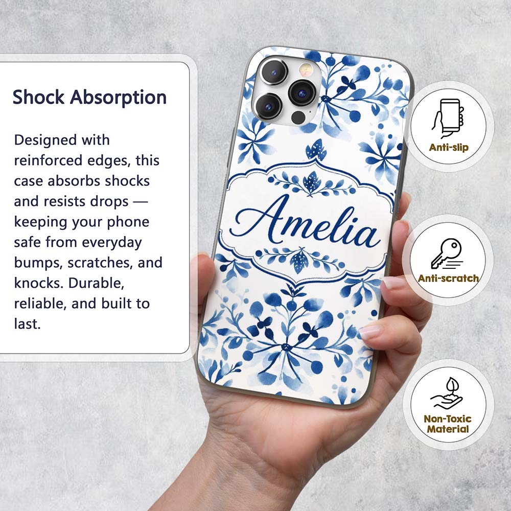 Blue Watercolor Floral Snowflake Printed Design Custom Name Protective Phone Case Mobile Cover Durable Everyday Smartphone Shock Resistant
